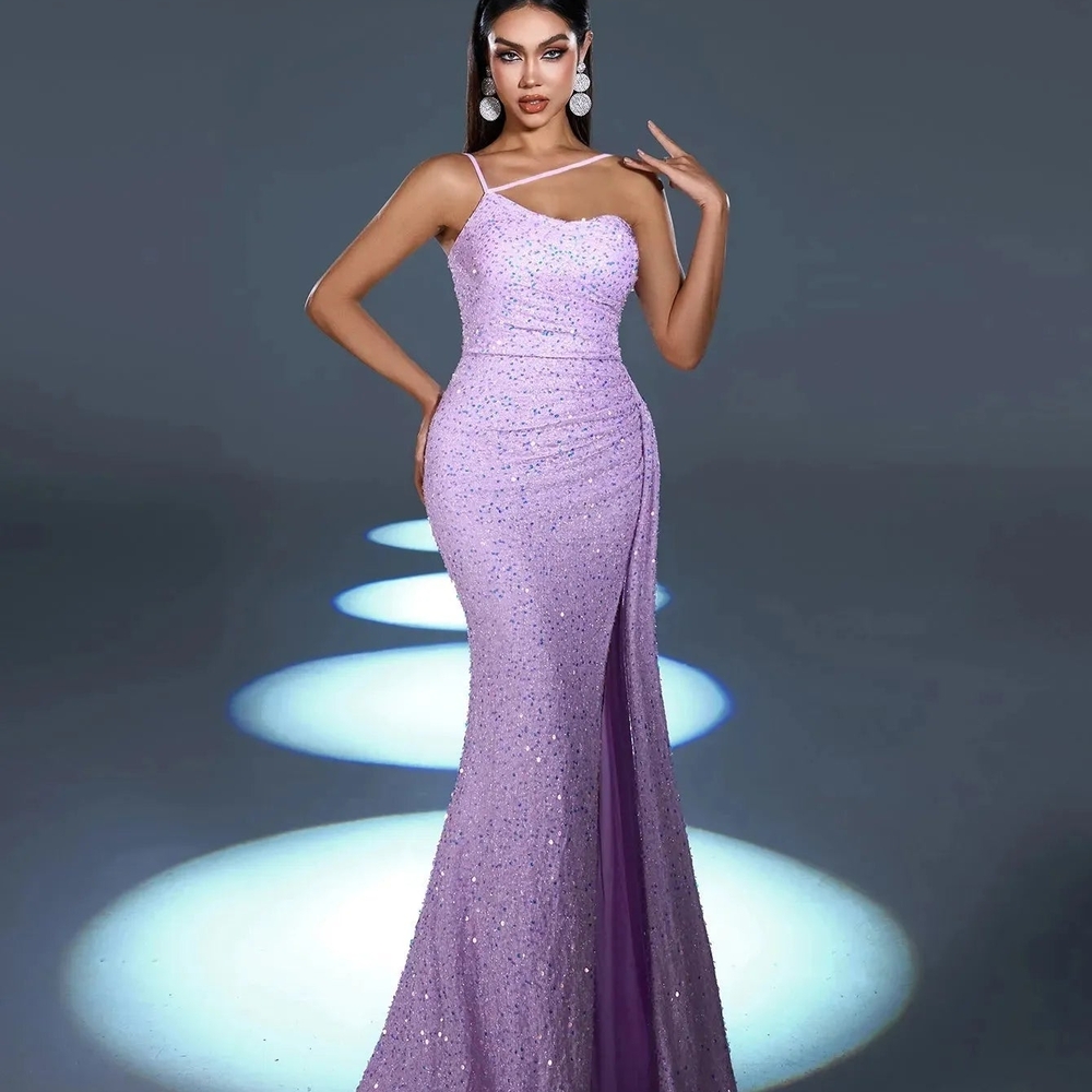 New Asymmetrical Spaghetti Straps Split Thigh Seq… - image 1